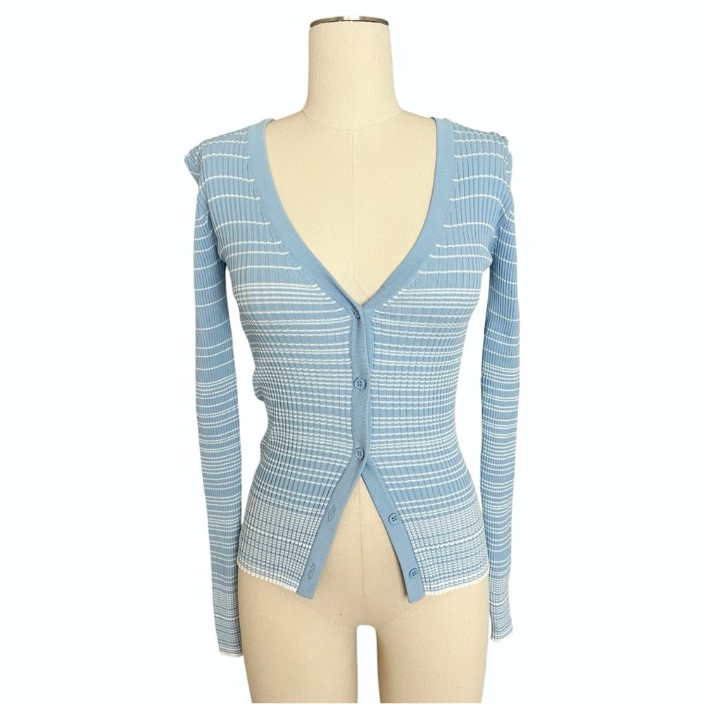 STAUD Blue and White Striped Cardigan